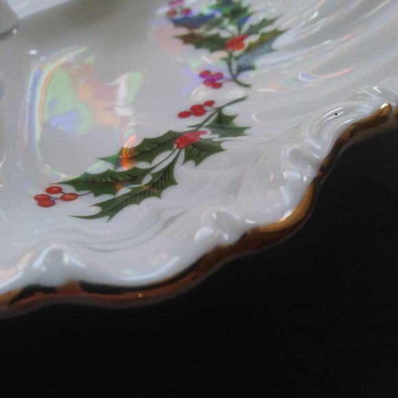 Porcelain three section Relish candy Christmas dish Holly Gold Trim - Picture 10 of 15